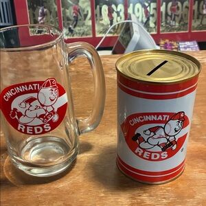 Cincinnati Reds Glass Mug and vintage 1984 metal can Coin Bank